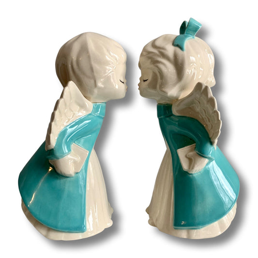 Vintage Teal & Ivory White Ceramic Kissing Angels Pair