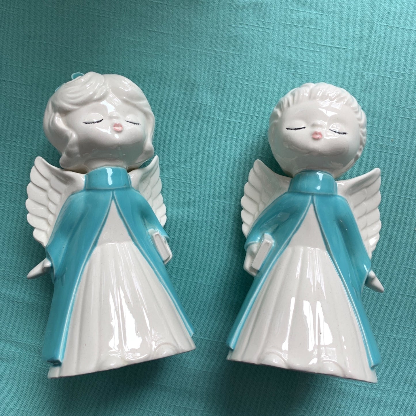 Vintage Teal & Ivory White Ceramic Kissing Angels Pair