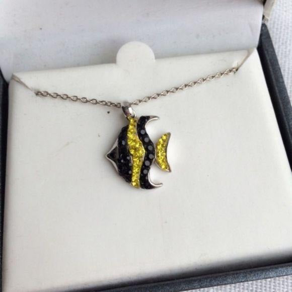 NEW Black & Yellow CZ Crystal Fish Necklace    NWT