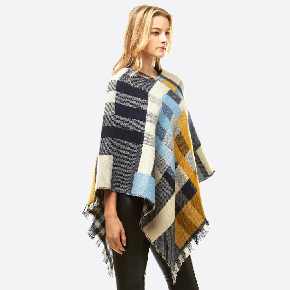 Women's Multicolor Plaid Print Poncho New Mustard Yellow Baby Blue Black Cream
