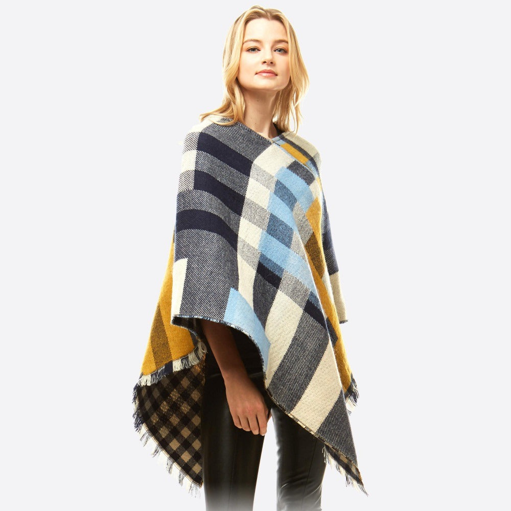 Women's Multicolor Plaid Print Poncho New Mustard Yellow Baby Blue Black Cream