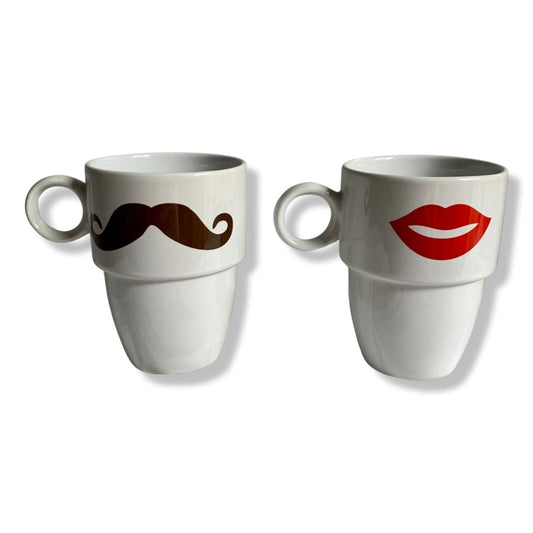 Caribou Coffee His and Hers Mustache Lips Coffee Mugs Pair of 2
