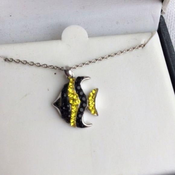 NEW Black & Yellow CZ Crystal Fish Necklace    NWT