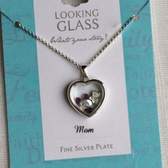 Looking Glass Silver Plate Mom Necklace Heart