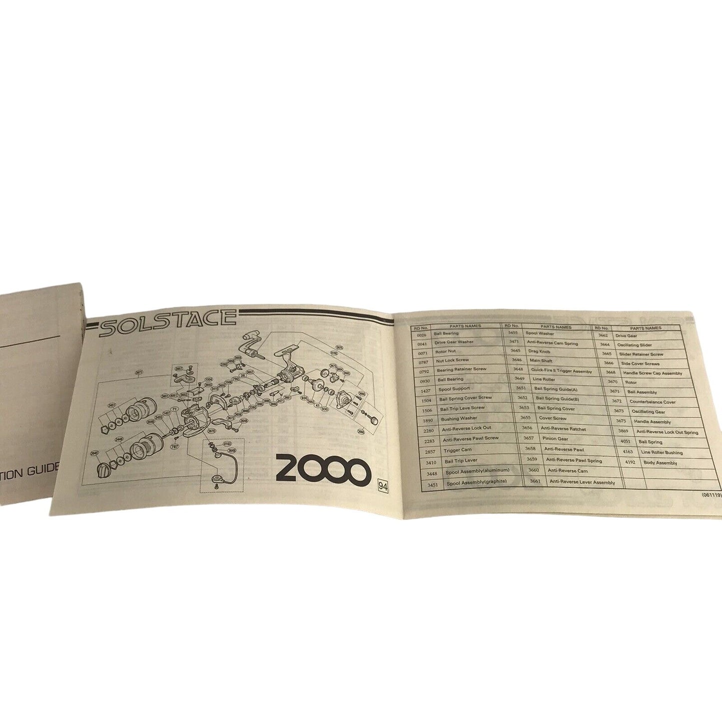 Vintage Shimano Solstace Instruction Guide & Parts List 1000 2000 Fishing Reel