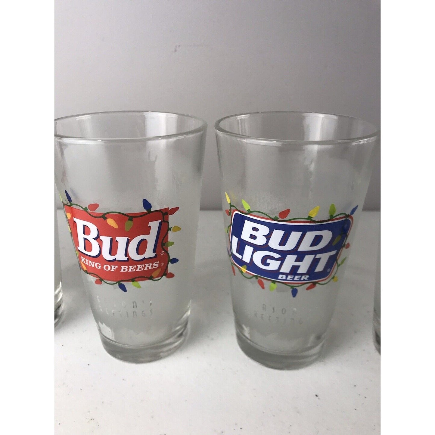 Set Of 6 Budweiser Seasons Greetings Bud King Of Beers & Bud Light Glasses