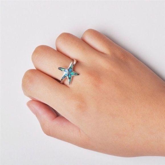 New Blue Fire Opal Starfish Ring Silver