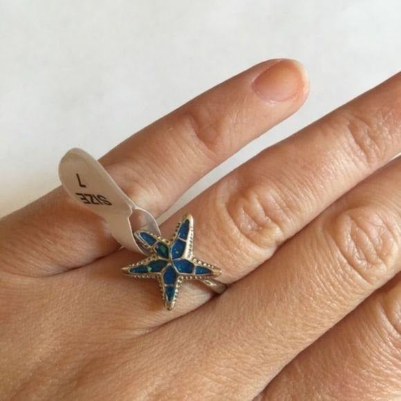 New Blue Fire Opal Starfish Ring Silver
