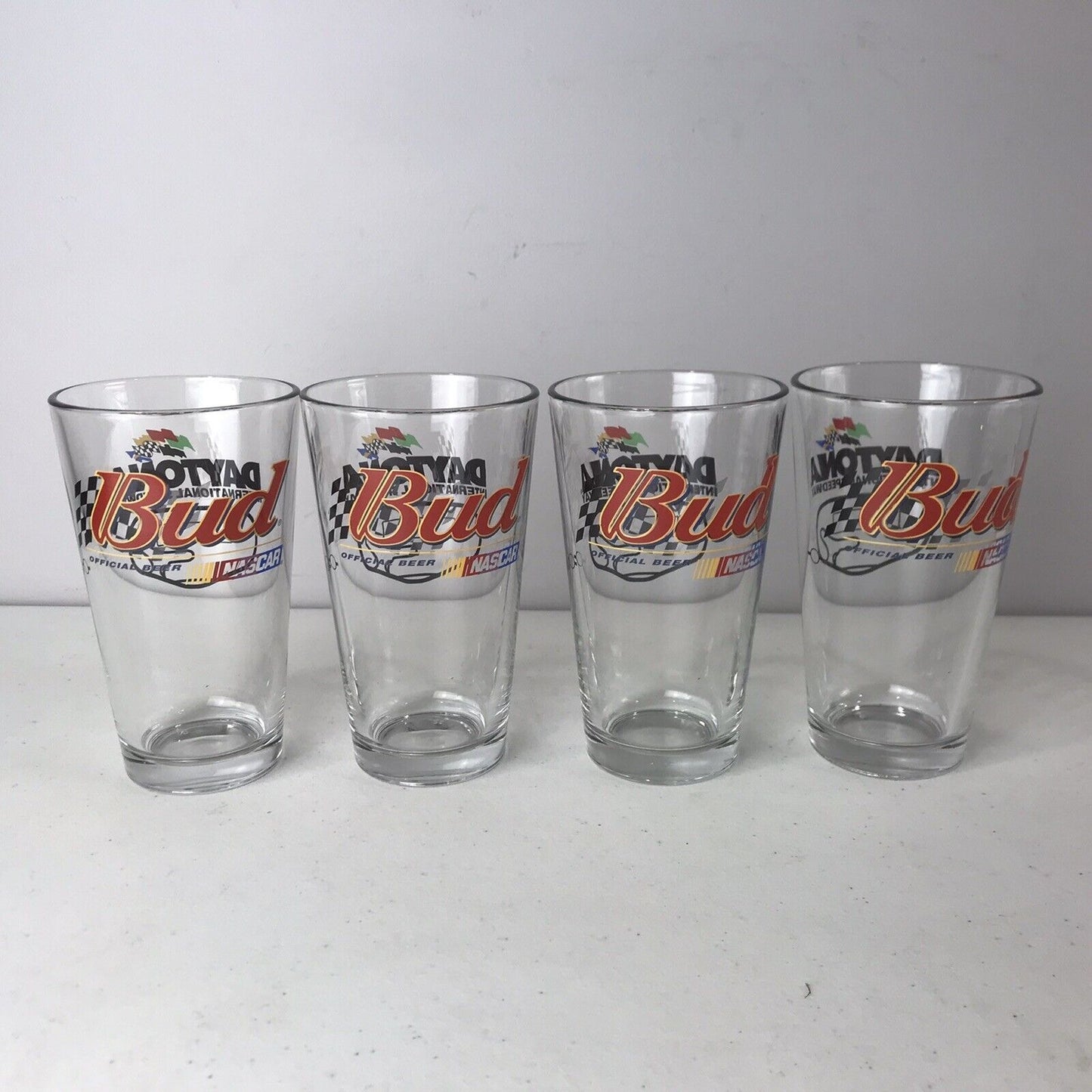 Set 4 Budweiser BUD NASCAR Beer Glasses DAYTONA International Speedway 16 oz