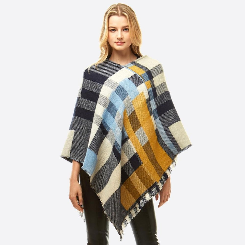 Women's Multicolor Plaid Print Poncho New Mustard Yellow Baby Blue Black Cream