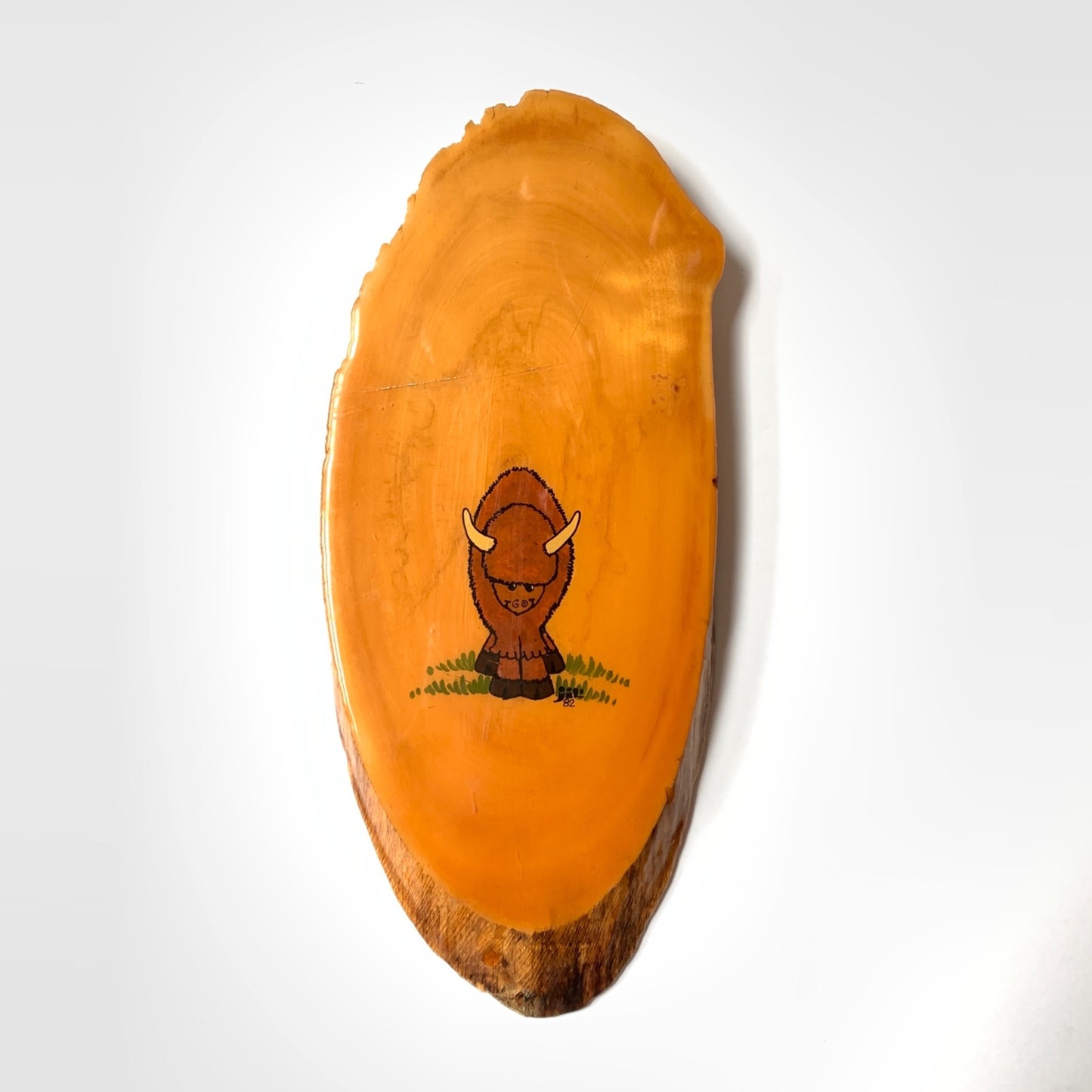 Vintage 1982 Adorable Painted American Bison on Wood Slice