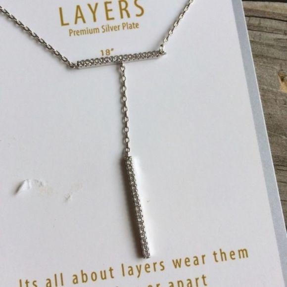 NEW Double Bar Necklace Silver CZ 18"