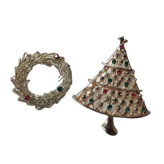 Vintage Christmas Wreath and Tree Brooch Pin