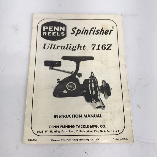 Vintage Penn Reels Spinfisher Ultralight 716Z Instruction Manual Parts List