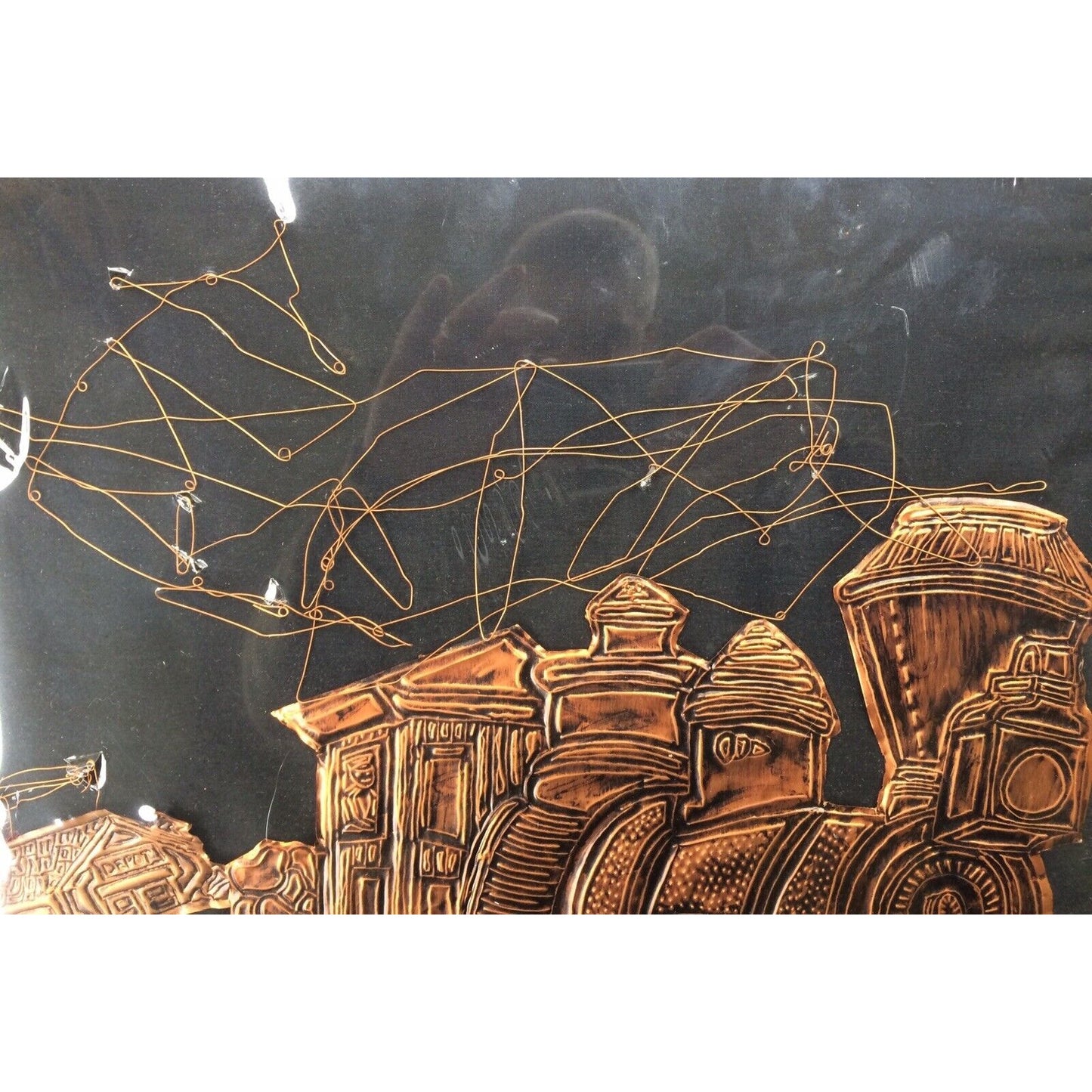 Vintage String & Copper Wire Nail Art Train Locomotive & Depot Black Sealed