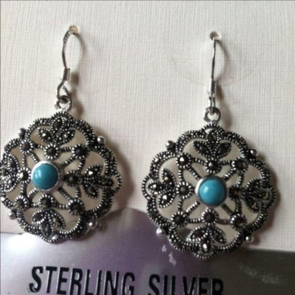 NEW Sterling Silver Turquoise Marcasite Earrings