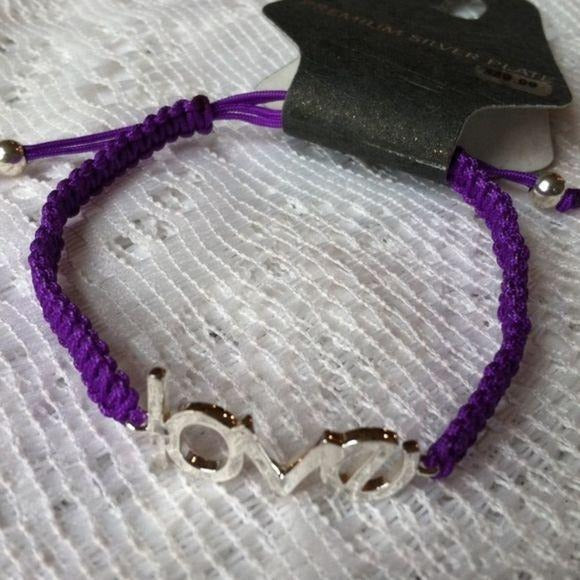 NEW Silver LOVE Purple Cord Adjustable Bracelet