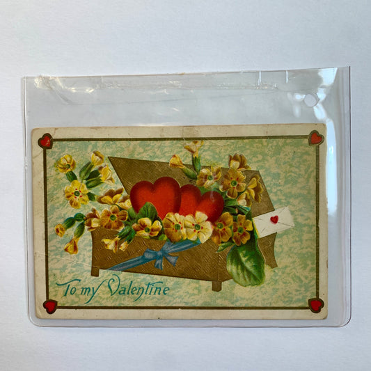 ANTIQUE 1910 Valentine's Day Postcard Hearts in Box with Flowers