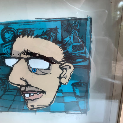 Signed 3D Framed Portrait Man with Blue Checked Background Wood Frame 2000