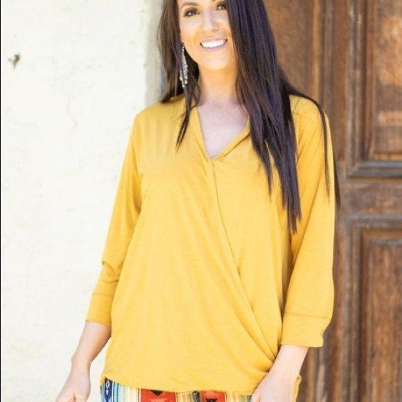 New Mustard 3/4 Sleeve Button Plunging Top