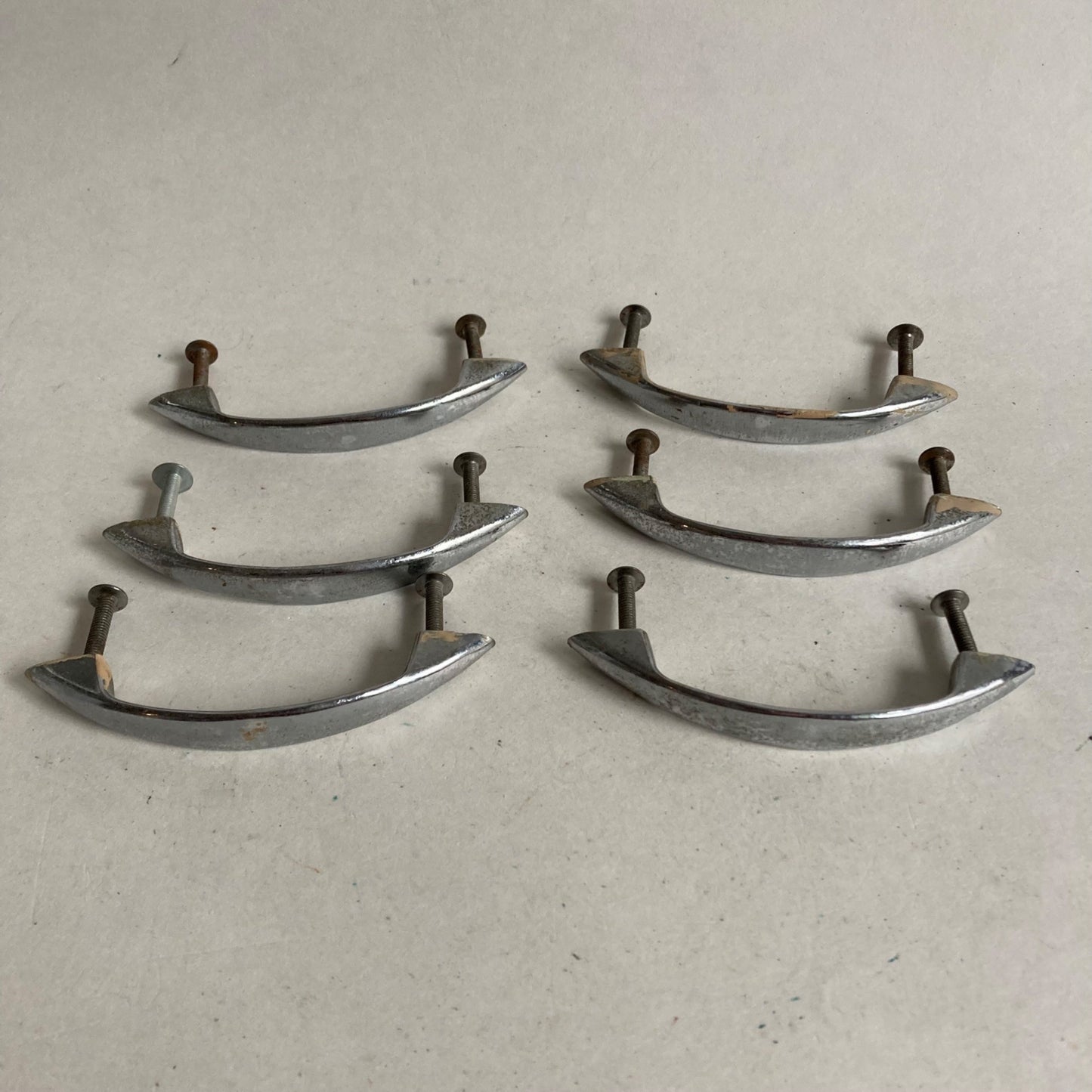 Lot 6 Vintage Chrome Drawer Pulls Curved 4" Metal Silver Handles w/ Screws