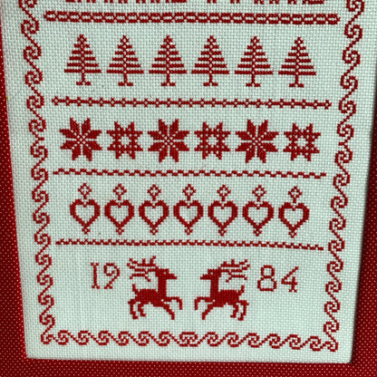 1984 Vintage Merry Christmas Red White Sampler Cross-Stitched Framed