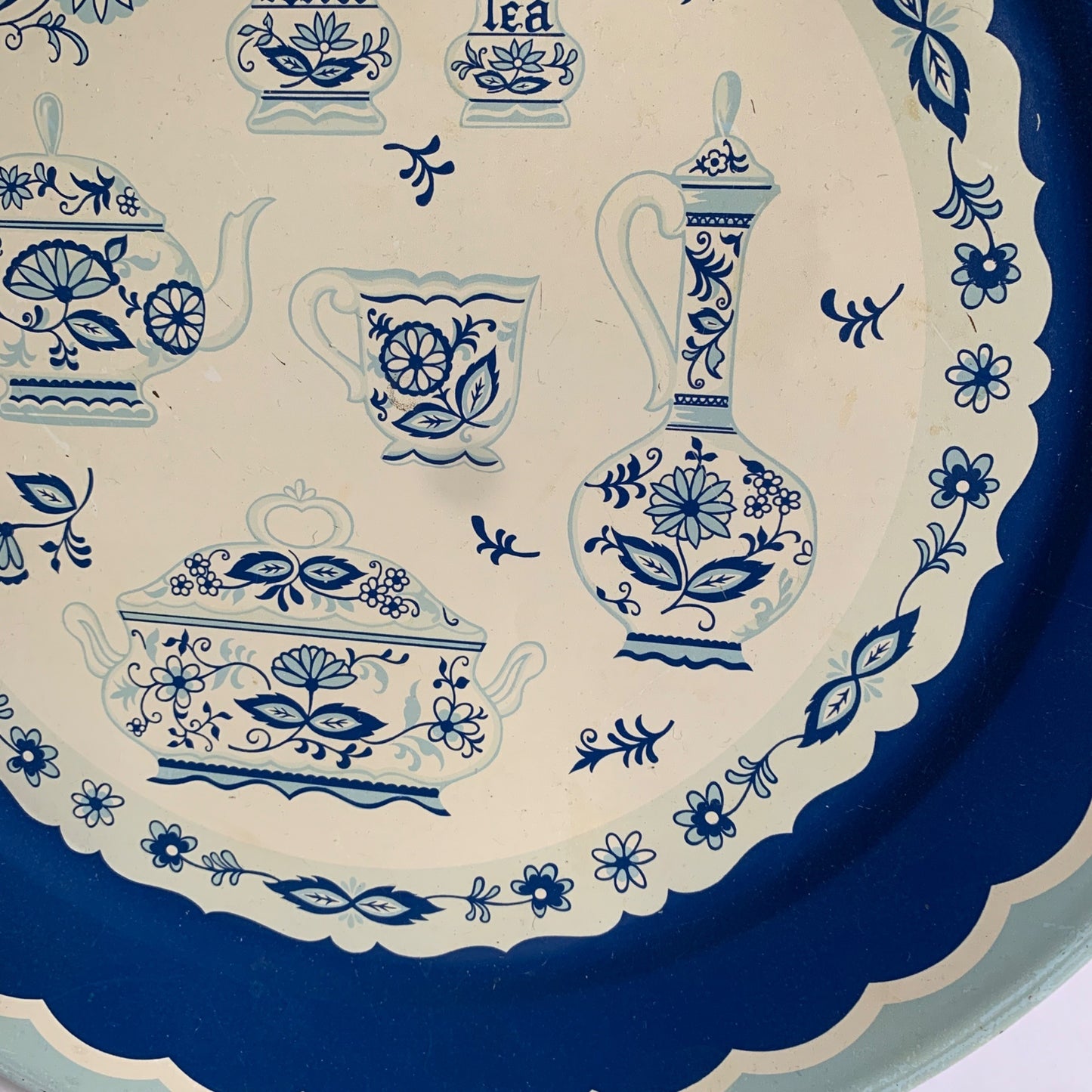Vintage Blue White Metal Coffee Tea Serving Tray Metal Plate Platter 19"