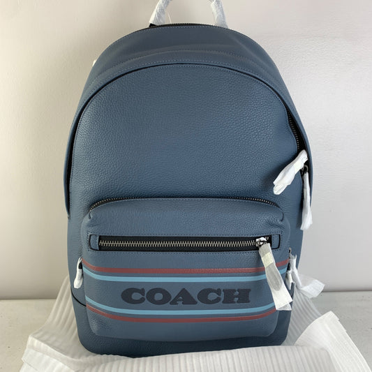 coach backpack with blue stripe Kenley In Signature Jacquard Patch, Midnight Blue, Large Fashion Details Our Signature canvas and refined leather West pack with Sporty Varsity stripe is a compact design with room to carry daily essentials Coach Mens (3001) West Signature
