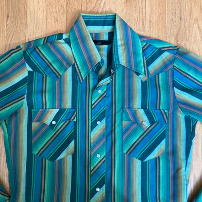 Vintage Champion Westerns Long-Sleeve Shirt Green Striped Pearl Snap Men Size 33