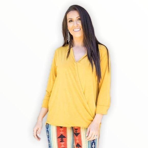 New Mustard 3/4 Sleeve Button Plunging Top