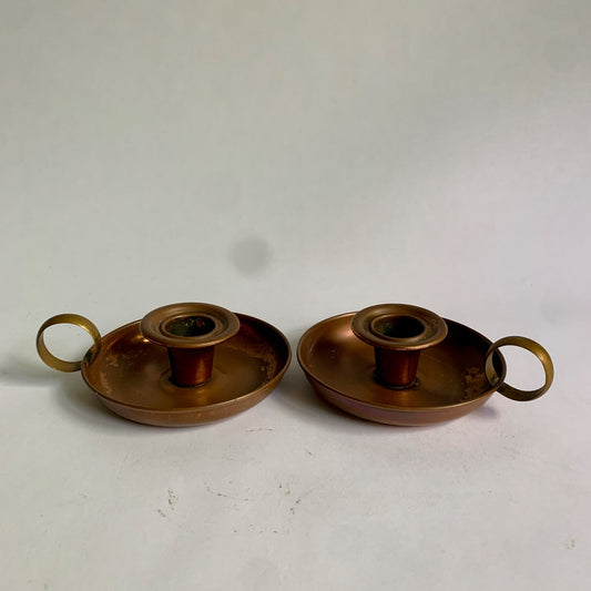 Vintage Pair Copper Brass Handled Candlestick Holders