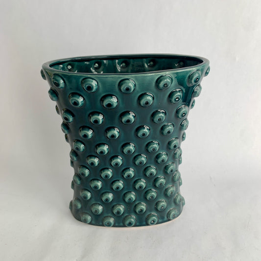 Vintage Teal Turquoise Ceramic Relief Large Vase Planter