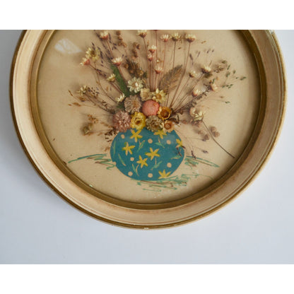 Vintage Dried Floral Bouquet in Round Frame with Rounded Bubble Glass Convex Dome