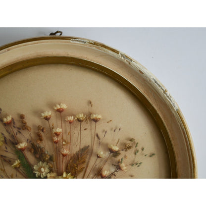 Vintage Dried Floral Bouquet in Round Frame with Rounded Bubble Glass Convex Dome