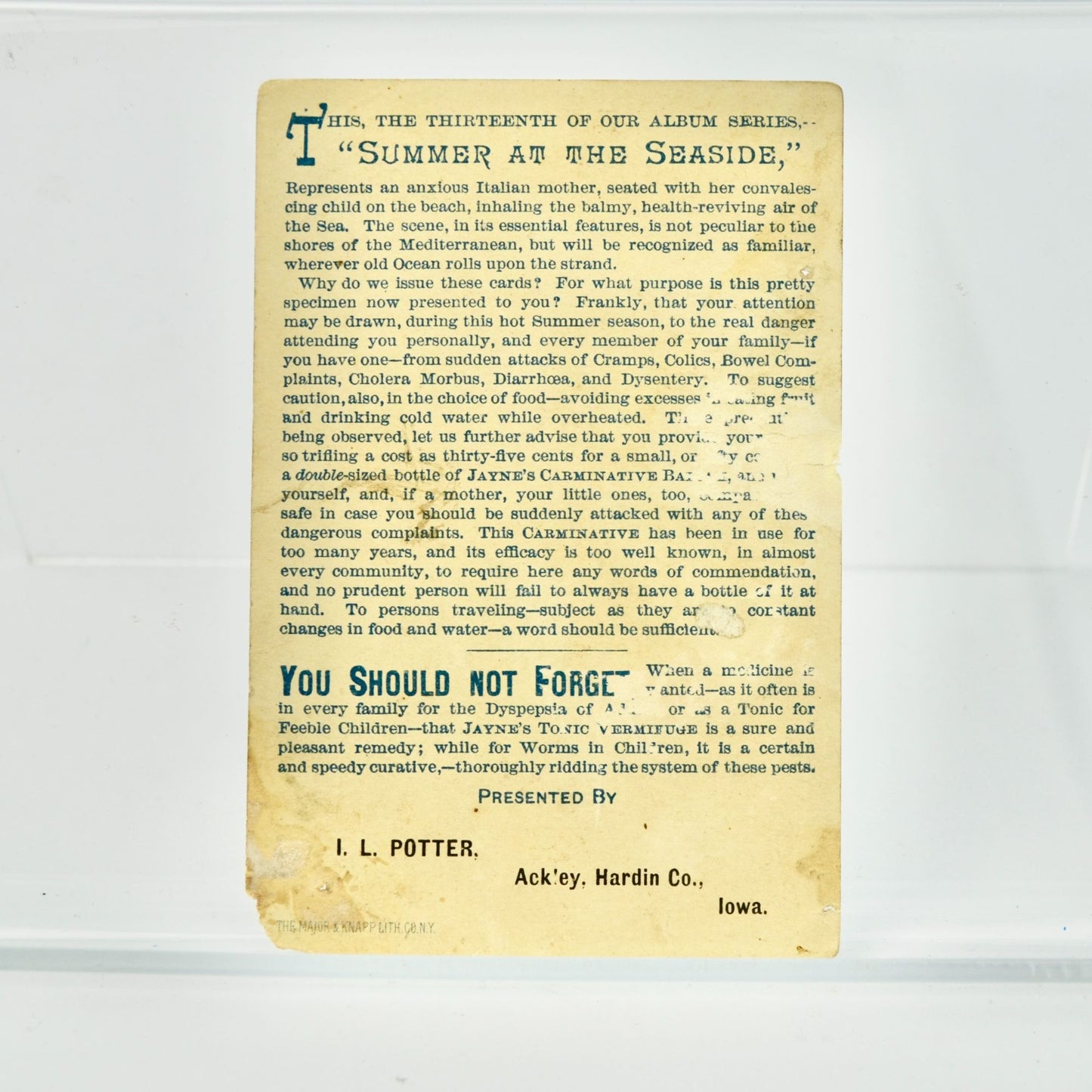 1880s Summer Seaside Tonic Card Trade Dr Victorian Jayne's Vermifuge Quack