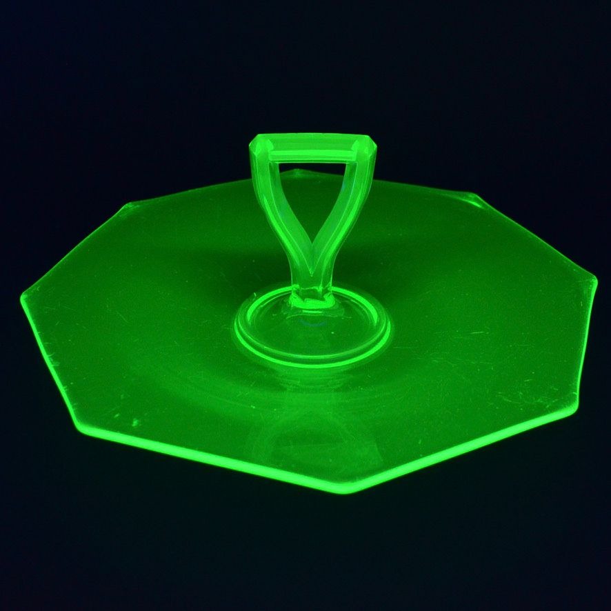 Vintage Uranium Vaseline Glass Octagon Serving Dish Middle Handle Green