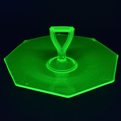 Vintage Uranium Vaseline Glass Octagon Serving Dish Middle Handle Green