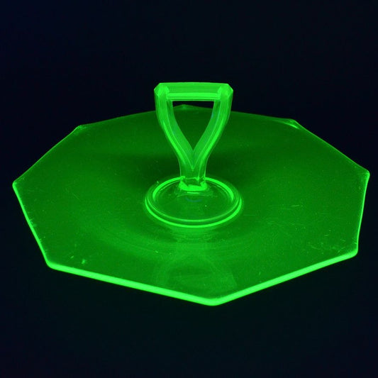 Vintage Uranium Vaseline Glass Octagon Serving Dish Middle Handle Green