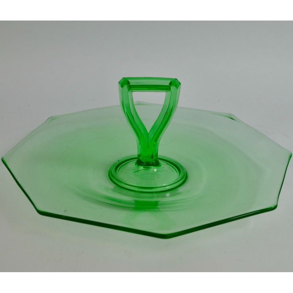 Vintage Uranium Vaseline Glass Octagon Serving Dish Middle Handle Green