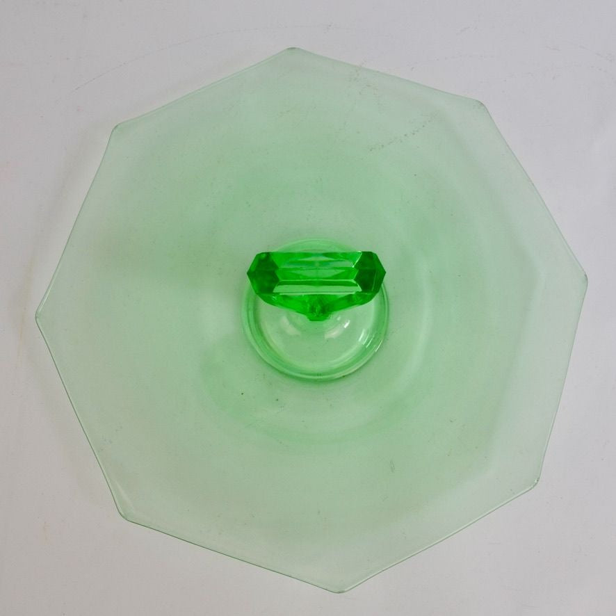 Vintage Uranium Vaseline Glass Octagon Serving Dish Middle Handle Green