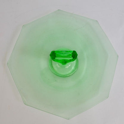 Vintage Uranium Vaseline Glass Octagon Serving Dish Middle Handle Green