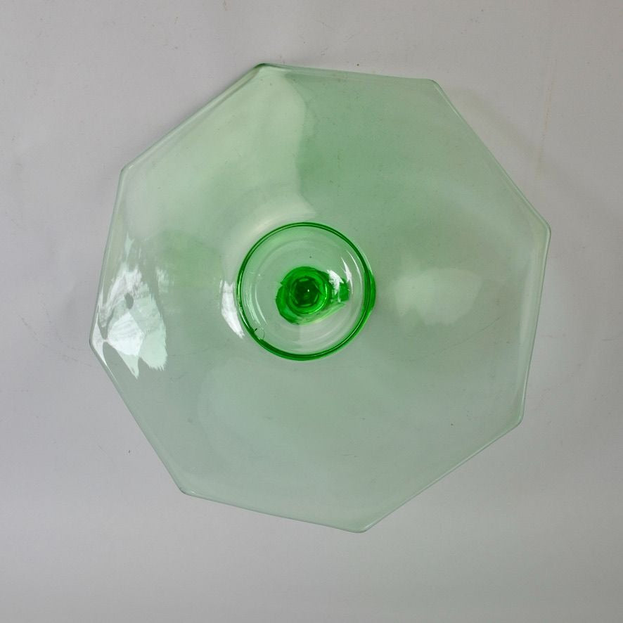 Vintage Uranium Vaseline Glass Octagon Serving Dish Middle Handle Green