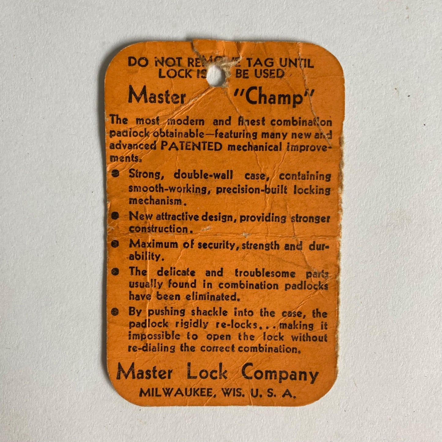 Vintage Master Lock "Champ" Combination Padlock TAG ONLY No. 1500