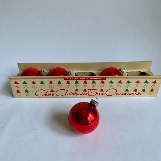 Shiny-Brite Glass Christmas Ornaments Box Vintage Red 4 Bulbs