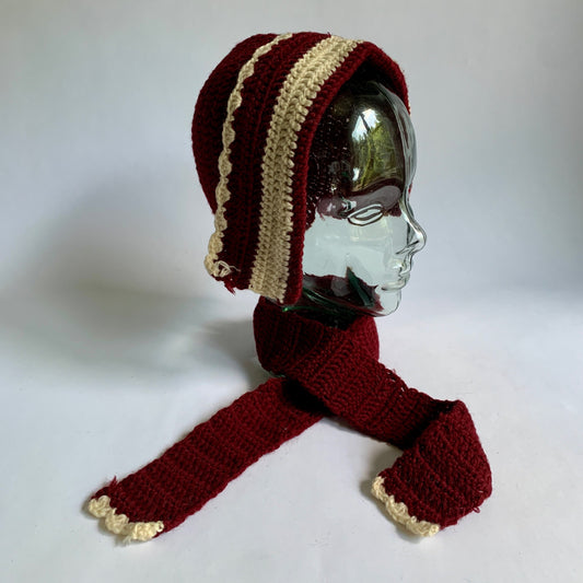 Vintage Women's Knit Hat & Small Scarf Set Maroon Cream