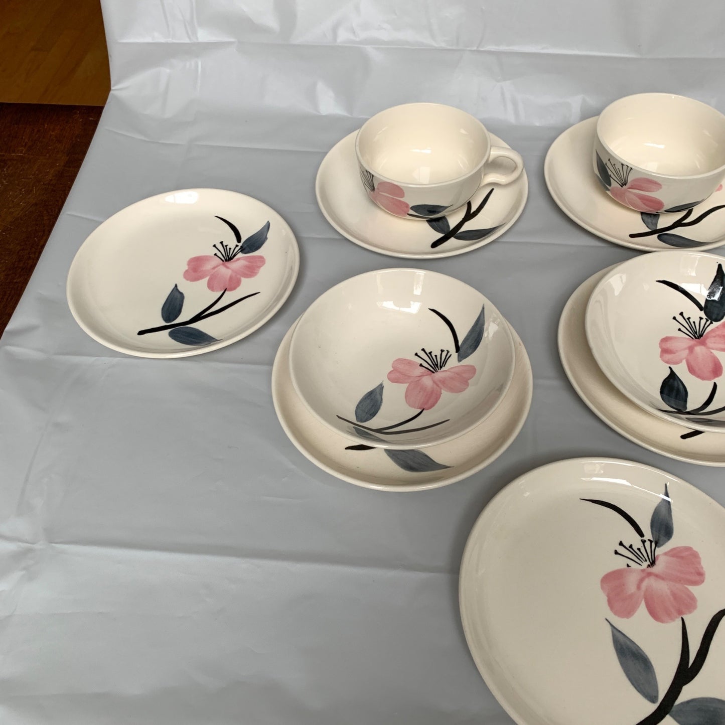 Vintage Unmarked Handpainted White Pink Floral Leaves Cups Saucers Small Plates Set