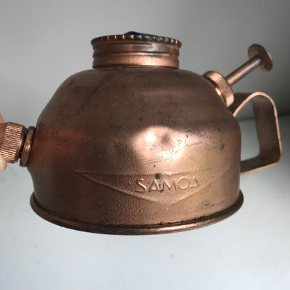 Vintage Samos Copper Oil Can Push Pump Oiler w/Long Spout