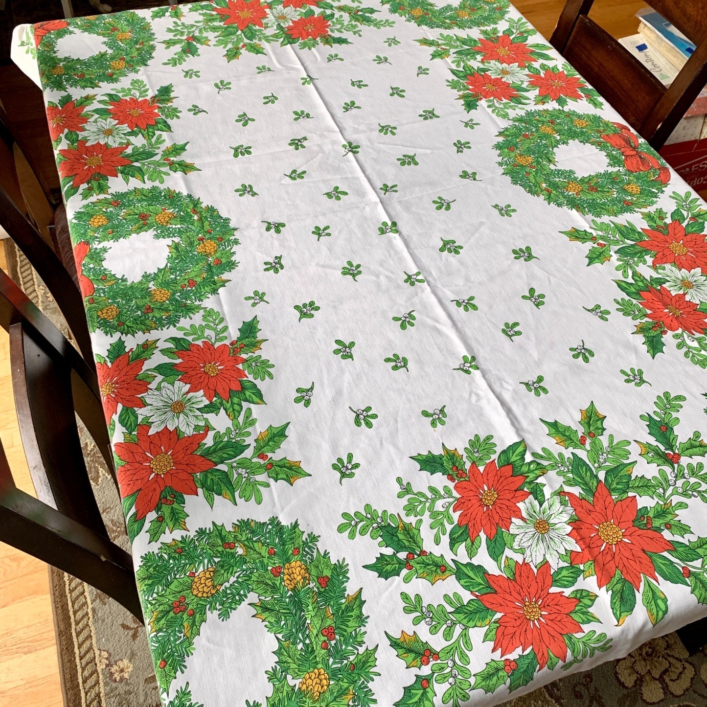 Vintage Ryan 1970s Christmas Tablecloth 64 x 49" Wreath Pointsettias