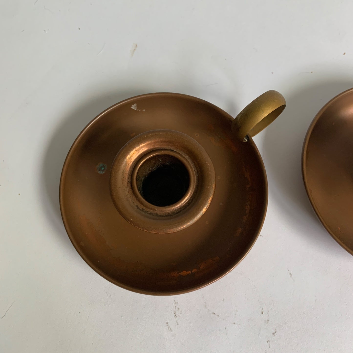 Vintage Pair Copper Brass Handled Candlestick Holders
