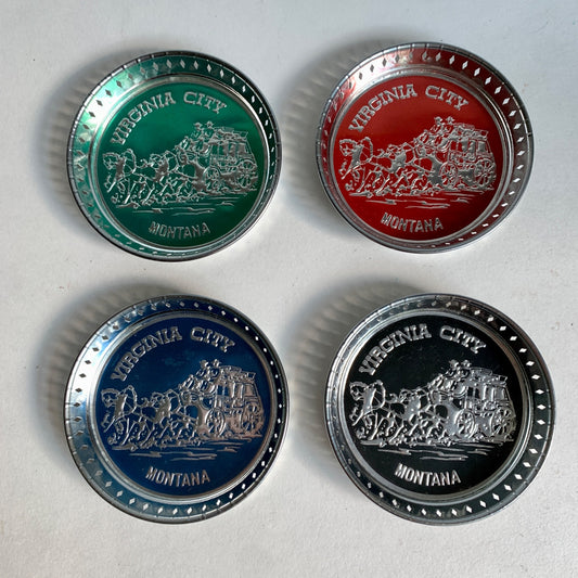 Vintage Metal Virginia City Montana Coasters Set of 4 Made in Japan Silver